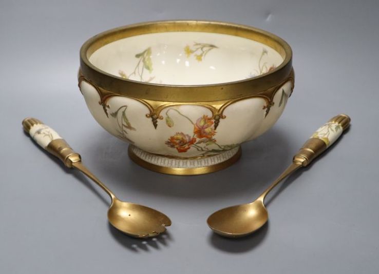 A late Victorian Royal Worcester ivory porcelain salad bowl and servers, with gilt metal mounts, date code 1892, bowl 24cm diameter